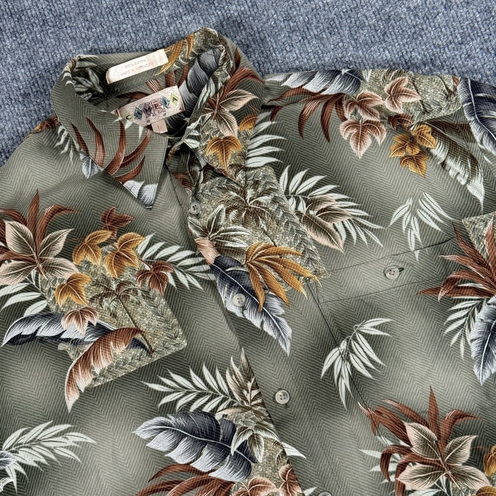 Campari Moda Shirt Mens Large Green Rayon Hawaiian Floral Palm Tree Print Camp